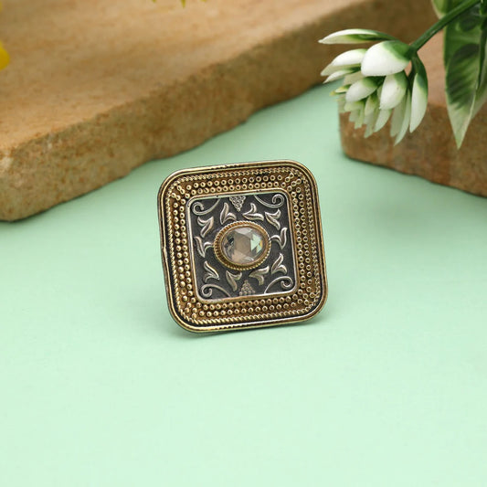 Gold & Silver Color Dual Tone Oxidised Rings Combining Classic Metallic Tones With Ornate Oxidised Details