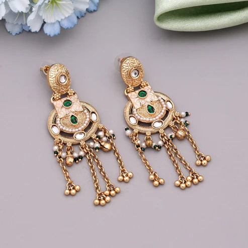 Green Color Matte Gold Earrings Inspired By Classic Indian Craftsmanship For Elegant Styling