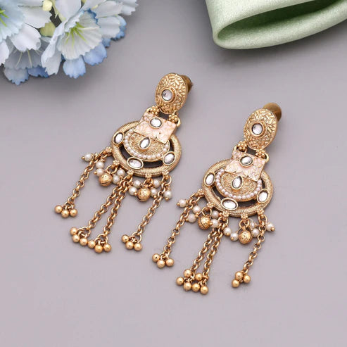 White Color Matte Gold Earrings Designed For Subtle Elegance And Graceful Ethnic Looks