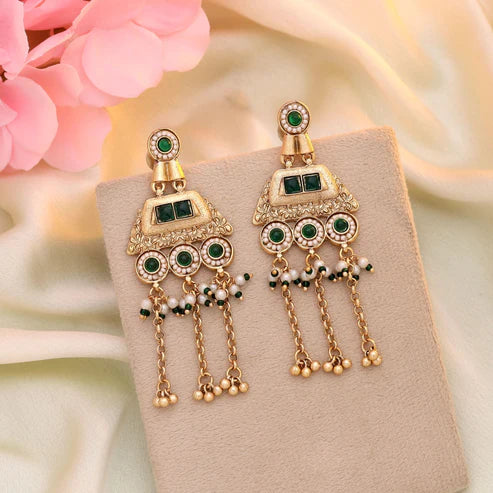 Green Color Matte Gold Earrings Inspired By Temple Jewellery Traditional Indian Aesthetics