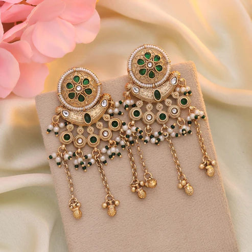 Green Color Matte Gold Earrings Crafted With Detailed Patterns For Festive Ethnic Fashion
