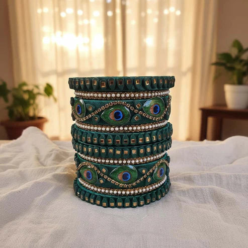 Green Color Peacock Feather 1 Set Of Thread Bangle Inspired By Nature Themed Jewelry