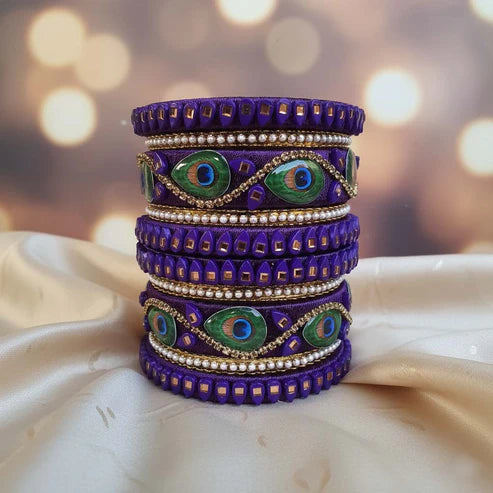 Purple Color Peacock Feather 1 Set Of Thread Bangle Inspired By Royal Indian Artistry