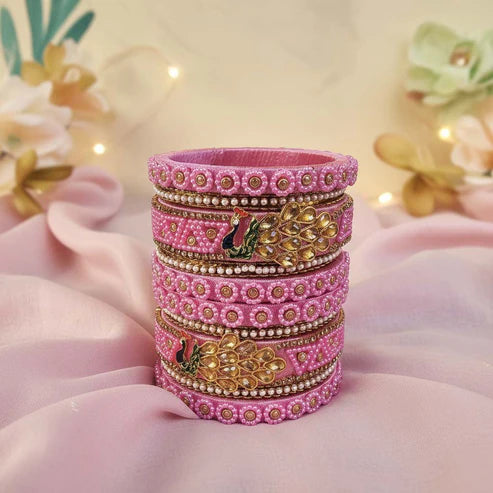 Pink Color Peacock Inspired 1 Set Of Thread Bangle Designed For Graceful Celebrations