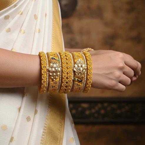 Yellow Color Peacock Inspired 1 Set Of Thread Bangle Reflecting Joyful Festive Traditions