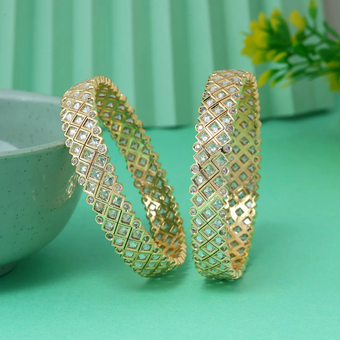 Gold Color Royal Finish American Diamond Bangle Size: 2.6 For Bridal And Party Wear
