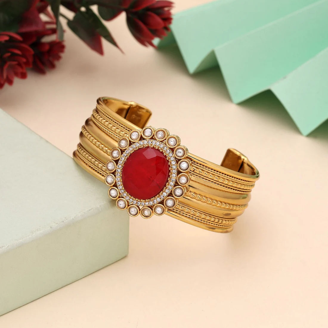 Red Color American Diamond Bracelet Created For Bold Festive Fashion Statements