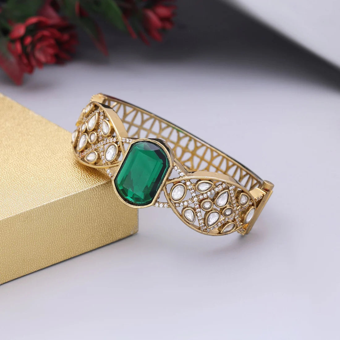 Green Color American Diamond Bracelet Created For Festive And Cultural Occasions