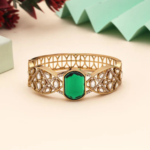 Green Color American Diamond Bracelet Created For Festive And Cultural Occasions