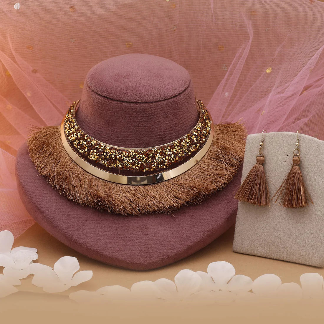 Gold Color Fashion Hansli Necklace Set With Premium Festive Shine