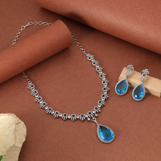 Firozi Color Beautiful Designer American Diamond Necklace Set For Festive And Cultural Events