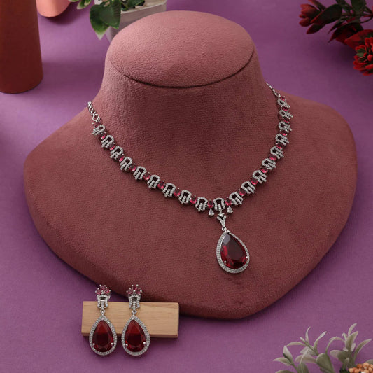 Ruby Color Elegant Traditional American Diamond Necklace Set For Brides And Party Use