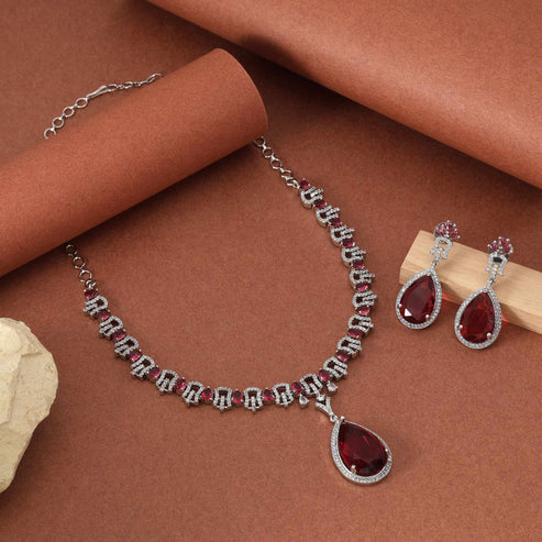 Ruby Color Elegant Traditional American Diamond Necklace Set For Brides And Party Use