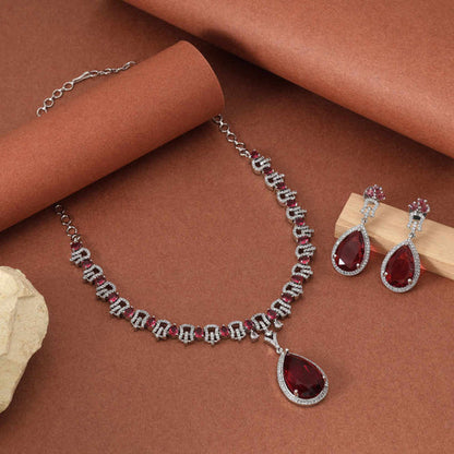 Ruby Color Elegant Traditional American Diamond Necklace Set For Brides And Party Use