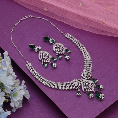 Green Color American Diamond Necklace Set Designed For Elegant Traditional Festive Occasions