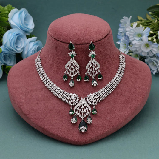 Green Color American Diamond Necklace Set Designed For Elegant Traditional Festive Occasions