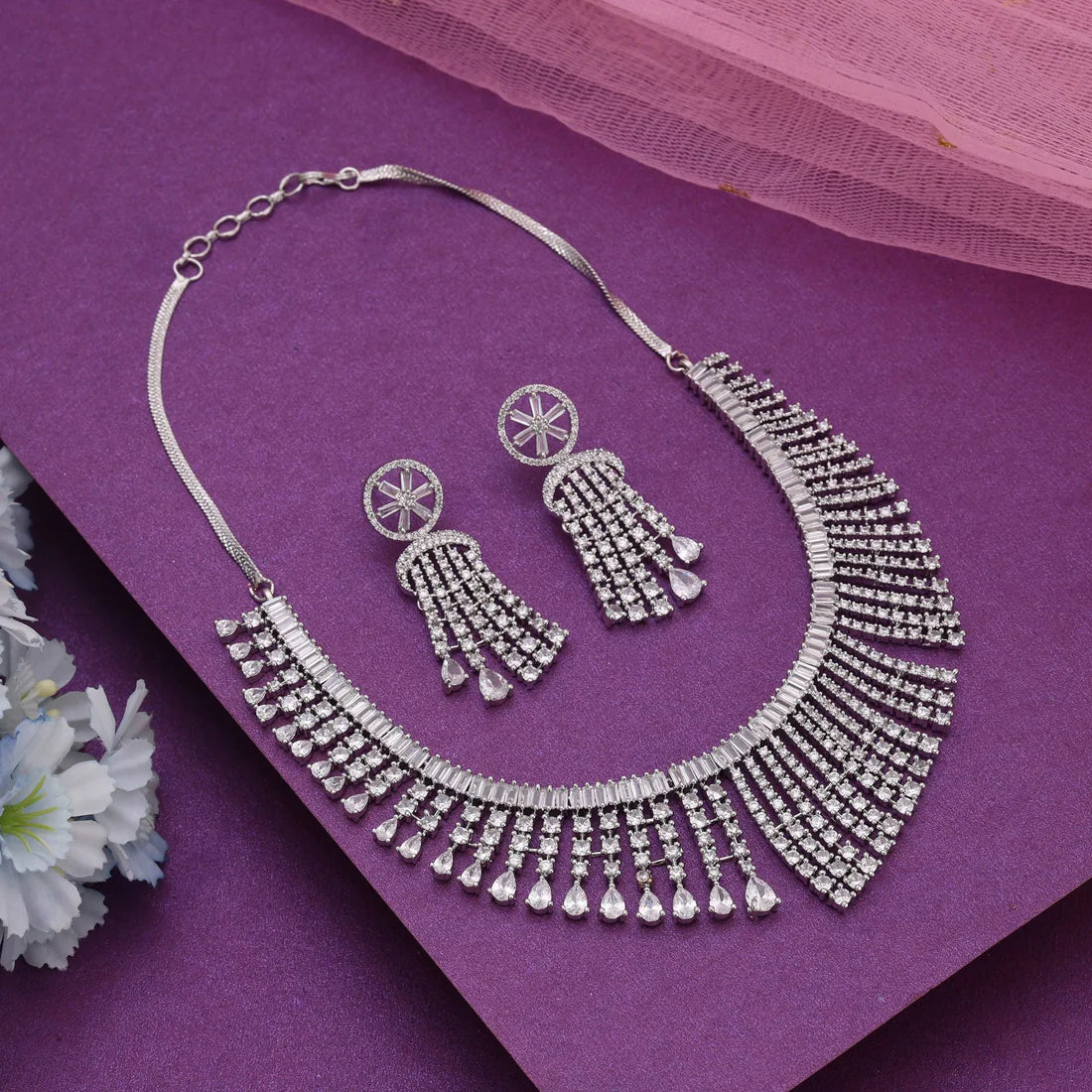 Silver Color American Diamond Necklace Set Inspired By Classic Luxury Jewellery Design
