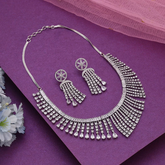 Silver Color American Diamond Necklace Set Inspired By Classic Luxury Jewellery Design