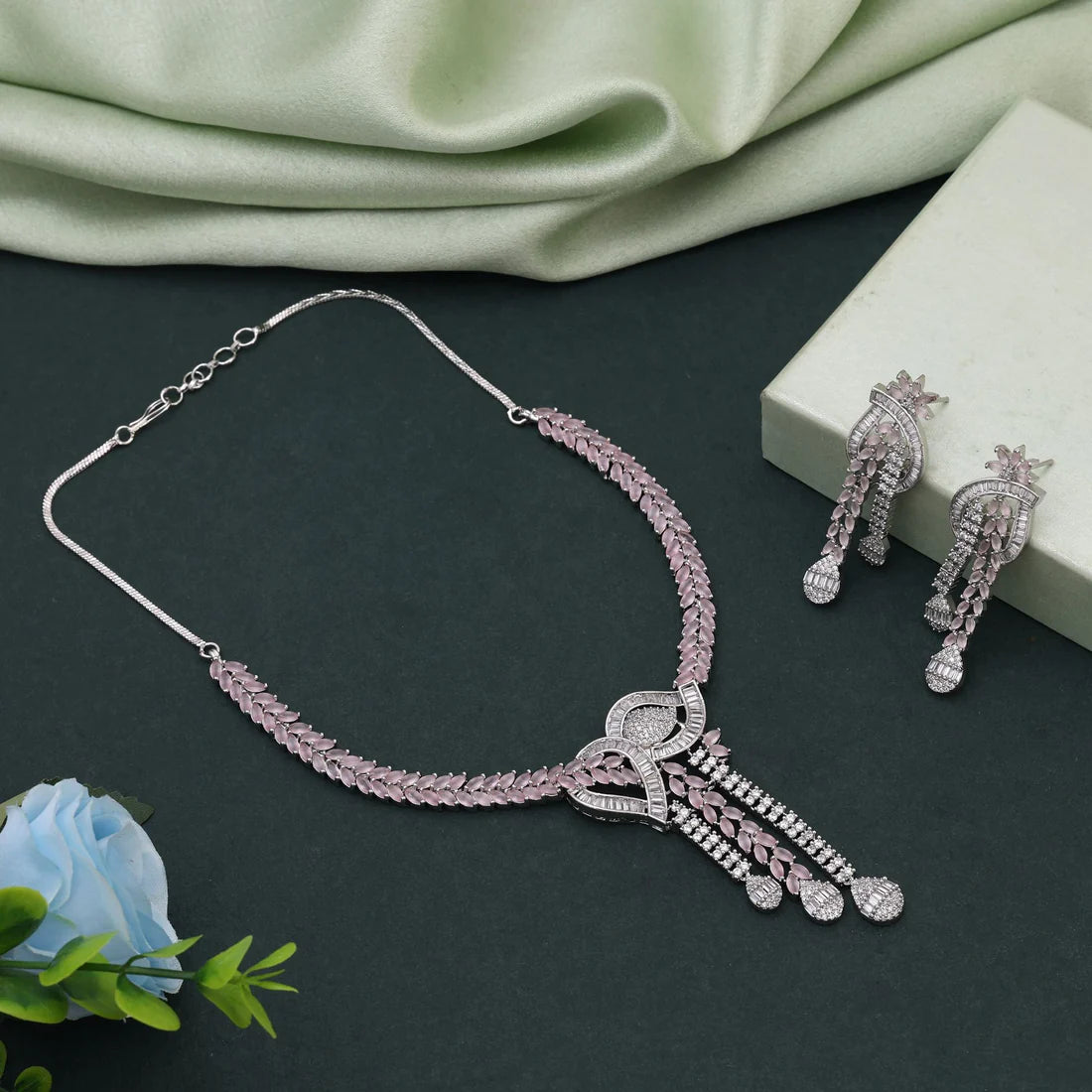 Pink Color American Diamond Necklace Set With Soft Glamour For Festive Wear