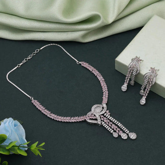 Pink Color American Diamond Necklace Set With Soft Glamour For Festive Wear