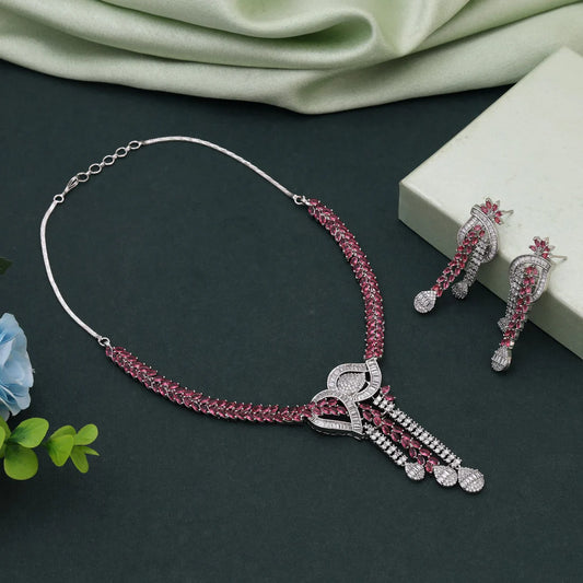 Rani Color American Diamond Necklace Set Featuring Elegant Design For Wedding Functions