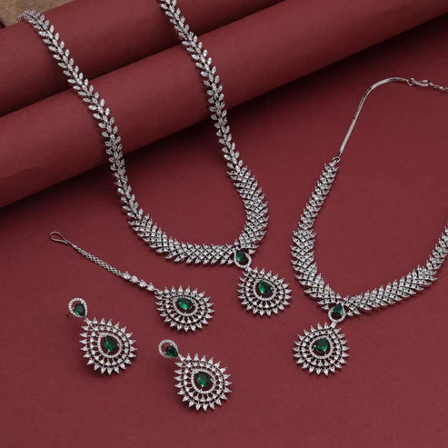 Green Color American Diamond Necklace Set Inspired By Traditional Indian Jewellery Aesthetics