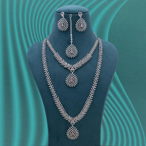 Pink Color American Diamond Necklace Set With Feminine Charm And Festive Appeal