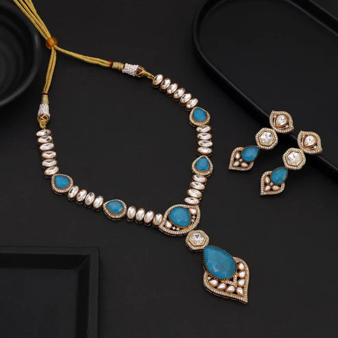 Firozi Color Long American Diamond Necklace Set Designed For Grand Traditional Wear