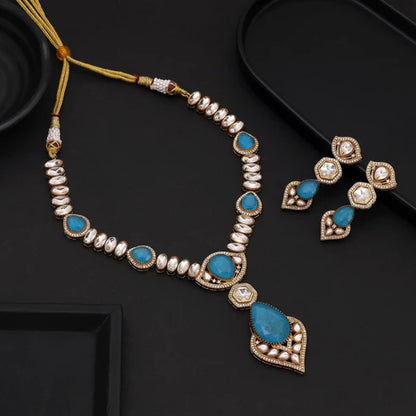 Firozi Color Long American Diamond Necklace Set Designed For Grand Traditional Wear