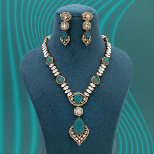 Light Green Color Long American Diamond Necklace Set Offering Soft Elegant Charm