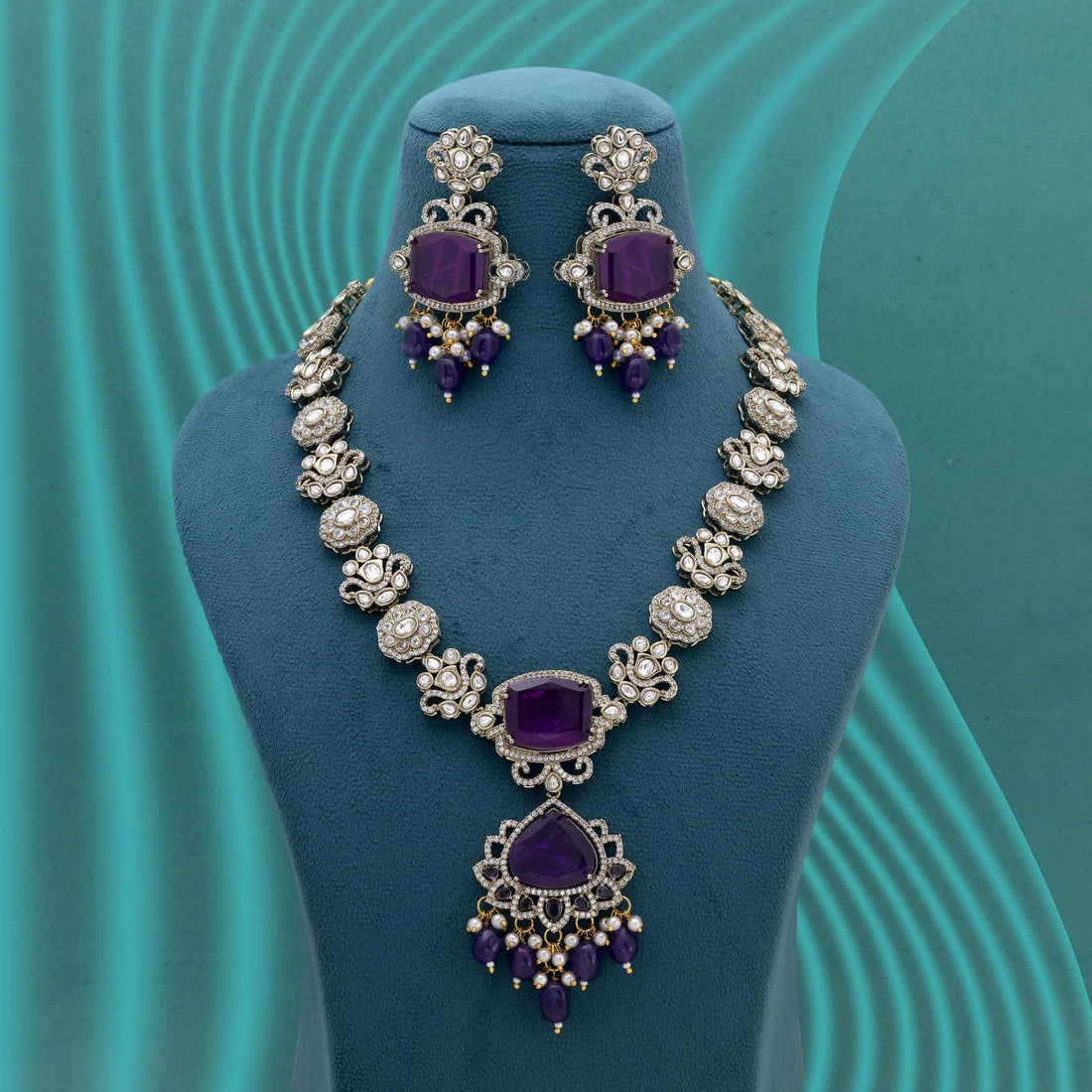 Purple Color Long American Diamond Necklace Set Crafted For Statement Festive Looks