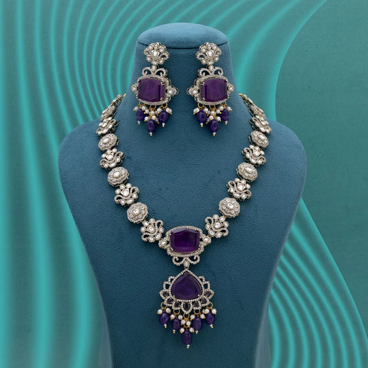 Purple Color Long American Diamond Necklace Set Crafted For Statement Festive Looks
