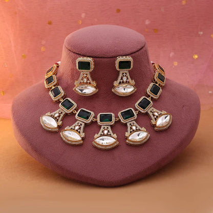 Green Color American Diamond Necklace Set Crafted For Elegant Cultural Occasions
