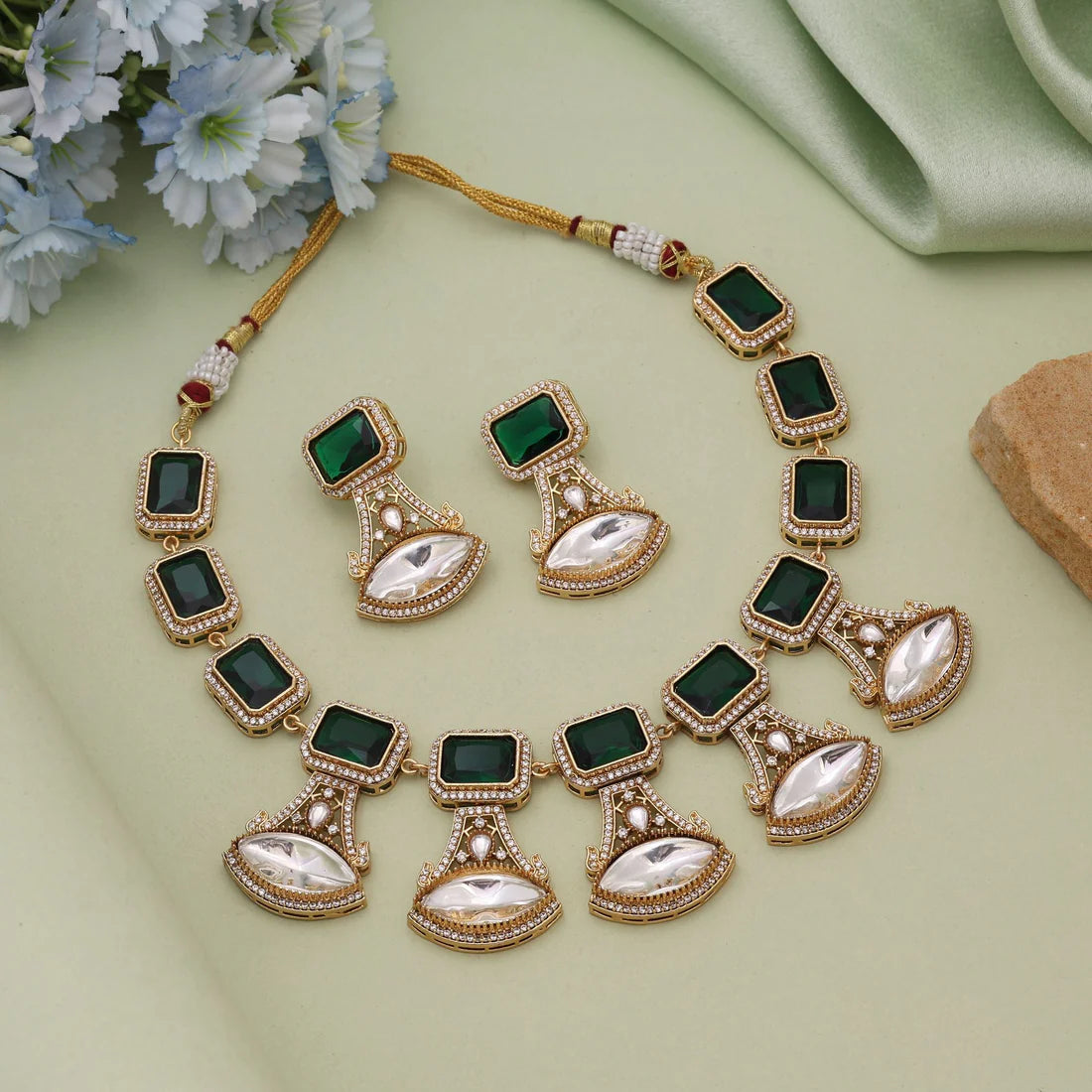 Green Color American Diamond Necklace Set Crafted For Elegant Cultural Occasions