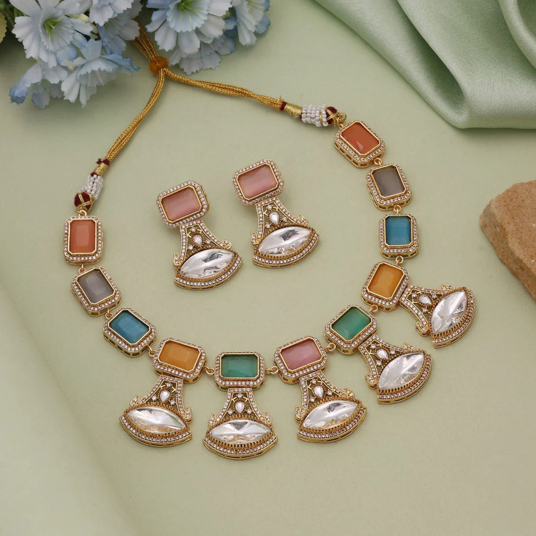Multi Color American Diamond Necklace Set Designed For Festive And Wedding Wear
