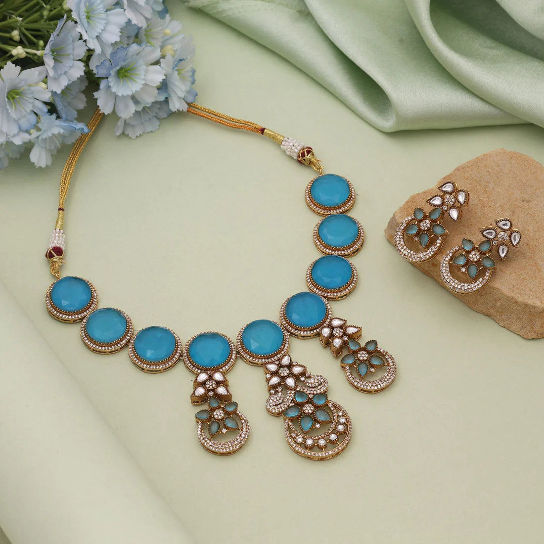 Firozi Color American Diamond Necklace Set Featuring Refreshing Hue And Sparkle