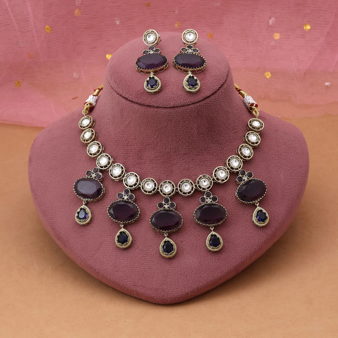 Purple Color American Diamond Necklace Set Inspired By Royal Elegance And Glamour