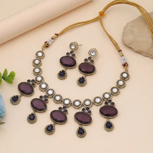 Purple Color American Diamond Necklace Set Inspired By Royal Elegance And Glamour