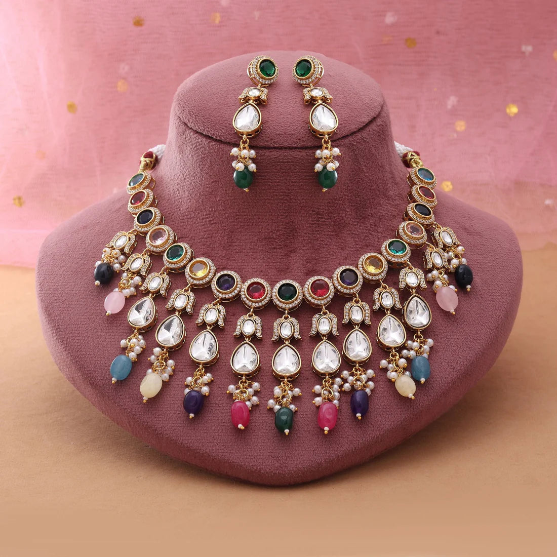 Multi Color American Diamond Necklace Set Designed For Vibrant Wedding Celebrations