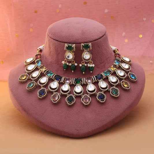 Multi Color American Diamond Necklace Set Created For Grand Festive Jewellery Styling