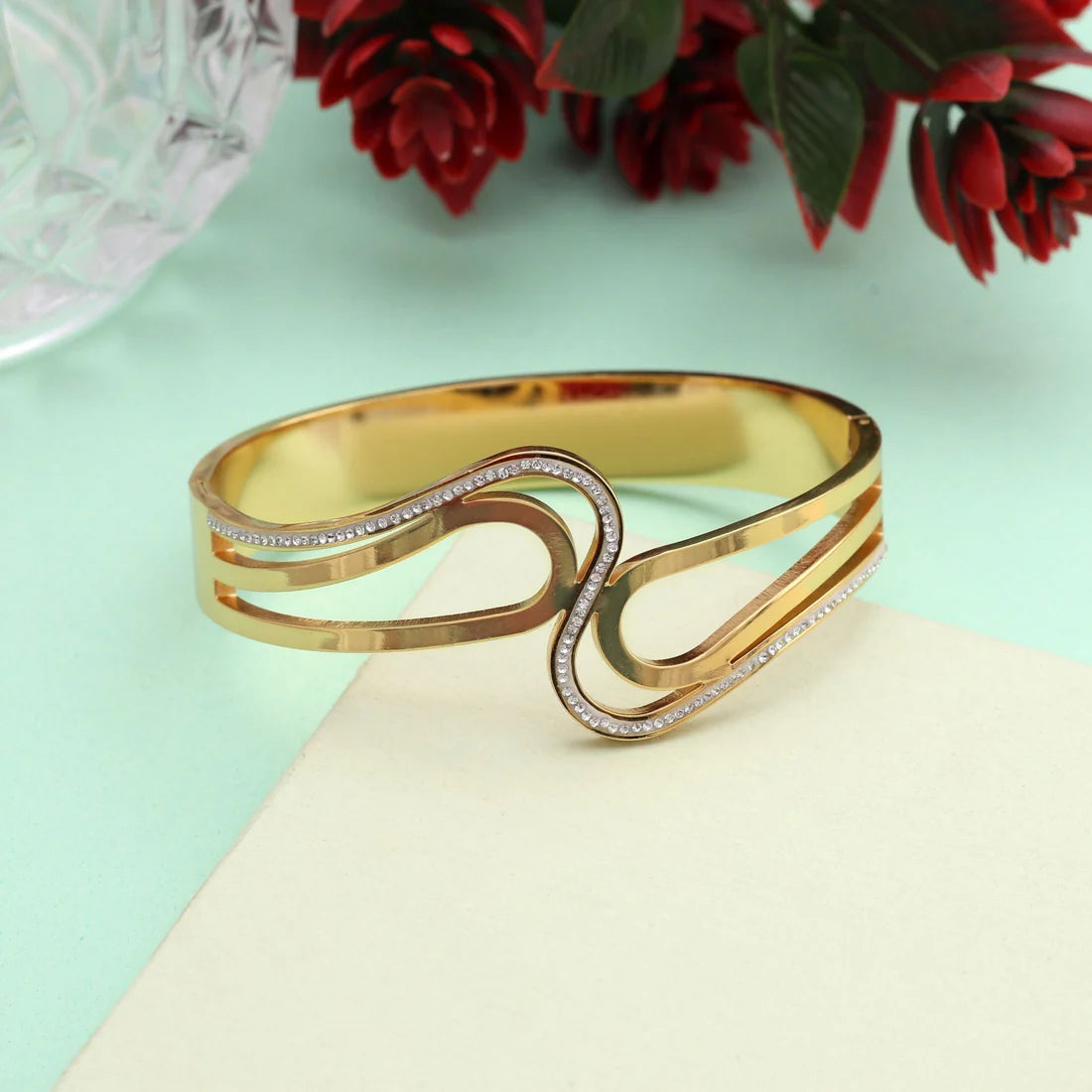 Stunning Gold Color Openable American Diamond Bracelet With Stone Detailing For Festive Wear