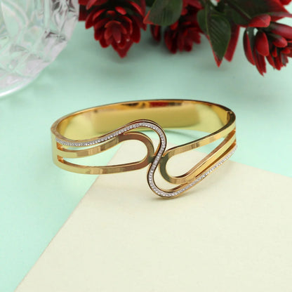 Stunning Gold Color Openable American Diamond Bracelet With Stone Detailing For Festive Wear