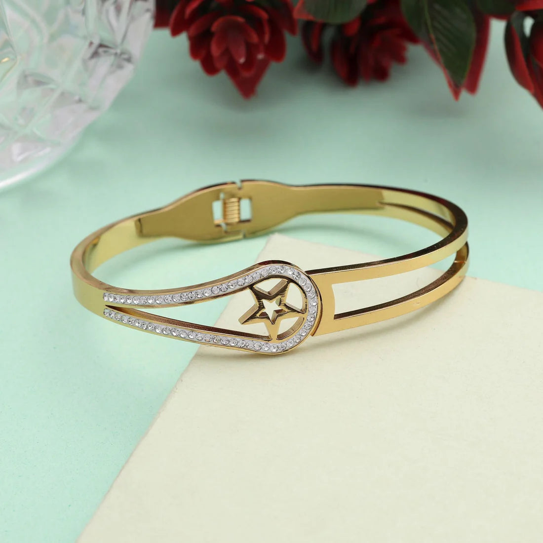 Premium Gold Color Openable American Diamond Bracelet With Stylish Touch For Party Fashion
