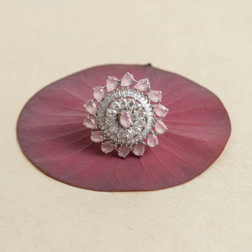 Charming Pink Color American Diamond Ring Featuring Delicate Detailing For Elegant Ethnic Fashion