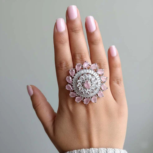 Charming Pink Color American Diamond Ring Featuring Delicate Detailing For Elegant Ethnic Fashion