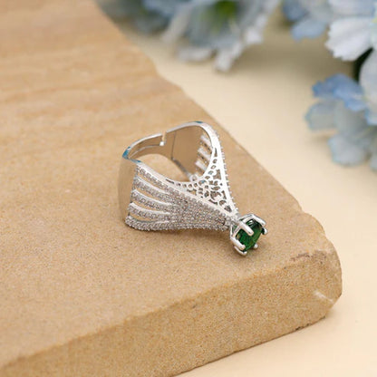 Green Color American Diamond Ring Crafted To Enhance Ethnic Outfits With Radiant Sparkle