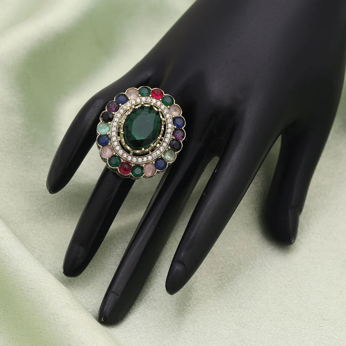 Green Color American Diamond Ring Crafted With Premium Finish For Daily Elegance