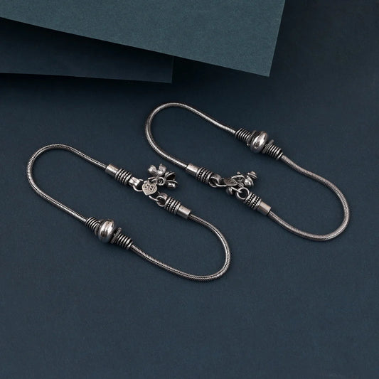 Adjustable Silver Color Oxidised Anklet With Antique Finish And Tribal Charm