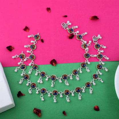 Exclusive Multi Color Peacock Feather Oxidised Anklet Designed For Bridal, Cultural, And Party Styling