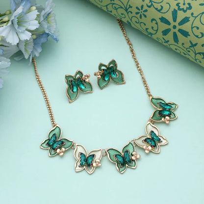 Green Color Butterfly Design Anti Tarnish Necklace Set With Charming Nature Inspired Style